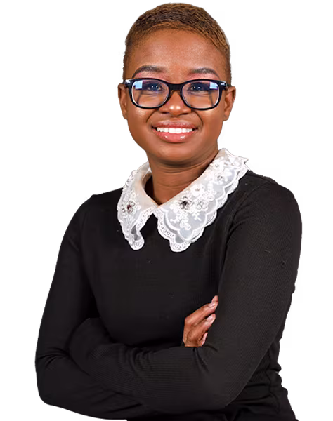 Portrait of Attorney Thebe Langa smiling with arms folded, wearing glasses and a black outfit with a white lace collar.